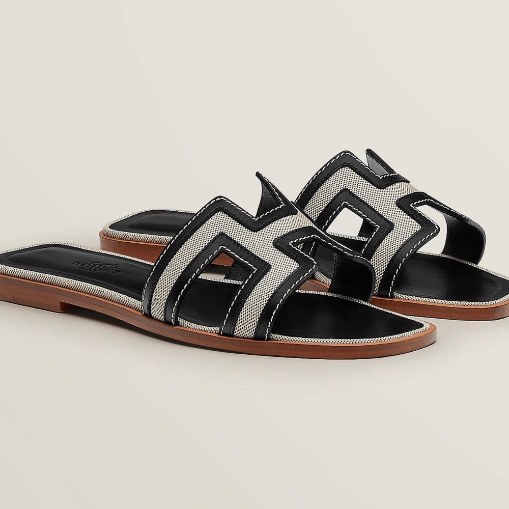 Authentic Hermes Toile and Leather Oran Sandals - 38